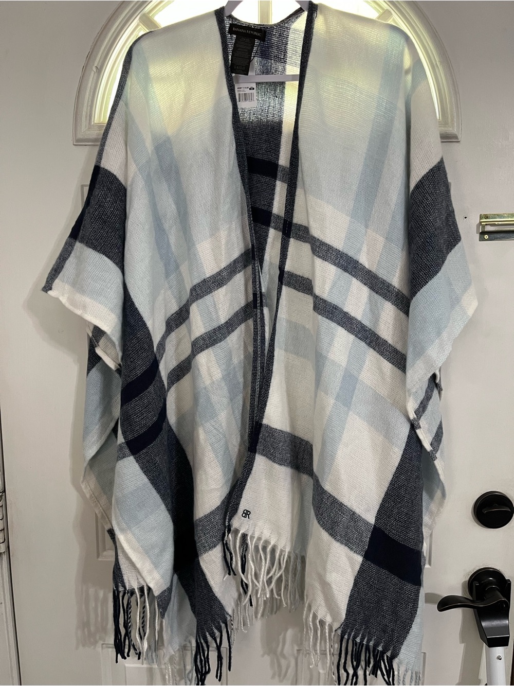 Banana Republic Light Blue, Navy & White Plaid Fringe Wrap